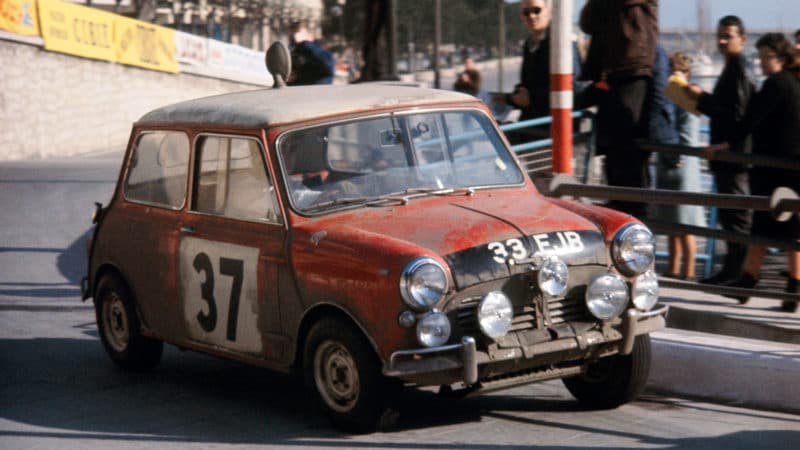 Monte Carlo Rally winning Mini Cooper of Paddy Hopkirk on the streets of Monaco