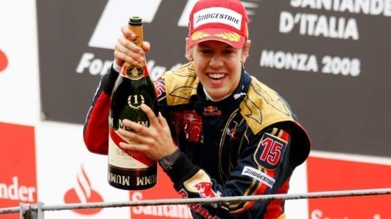 Sebastian Vettel celebrates winning the 2008 Italian Grand Prix for Toro Rosso