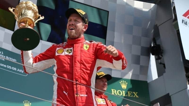 Sebastian Vettel celebrates winning the 2018 British Grand Prix