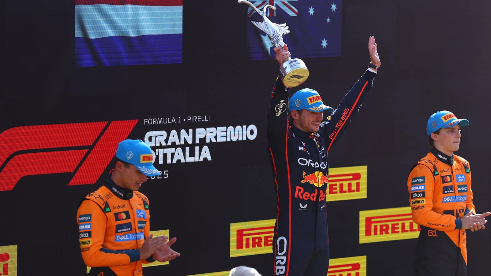 Max Verstappen and McLaren drivers on 2025 F1 Italian Grand Prix podium