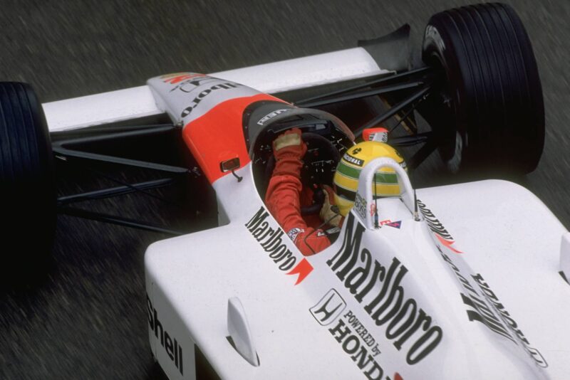 Looking into the cockpit as Ayrton Senna drives his McLaren Honda in the 1988 Monaco Grand Prix