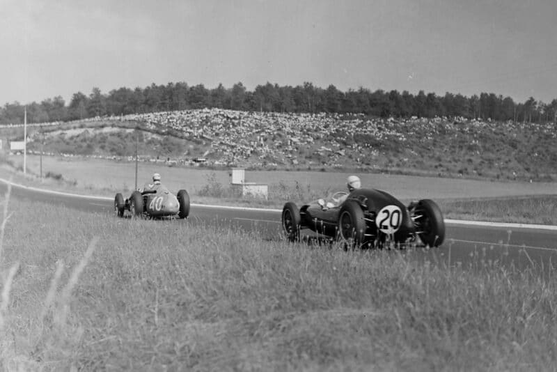 Chico Godia-Sales, Maserati 250F leads Roy Salvadori in his Cooper T45 Climax.