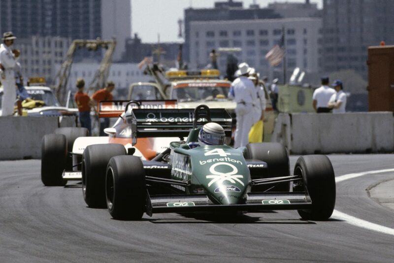 Danny Sullivan, Tyrrell 011 Ford, leads John Watson, McLaren MP4-1C Ford.