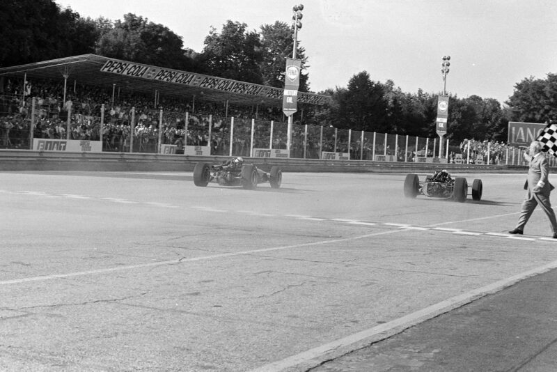 John Surtees, Honda RA300, takes victory by 0.2s from Jack Brabham, Brabham Repco BT24.