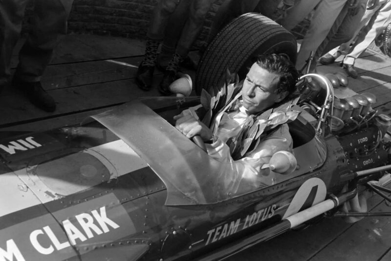 Winner Jim Clark in his Lotus 49 Ford returns to the pits.