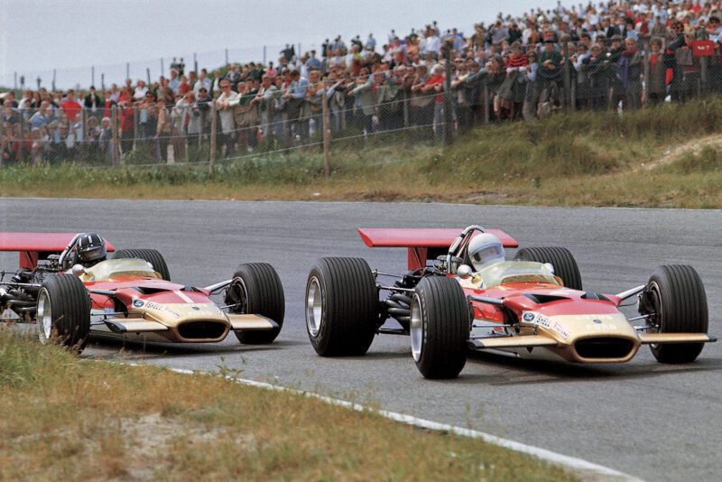 Graham Hill chases Lotus team-mate Jochen Rindt.