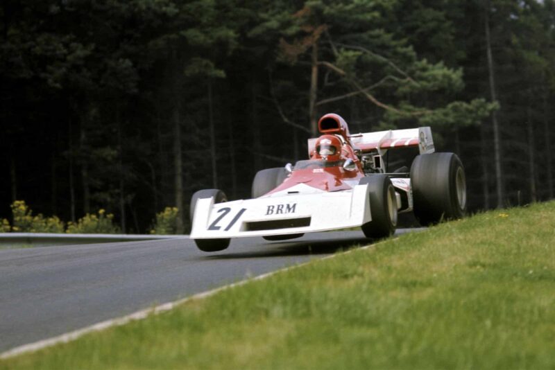 March driver Niki Lauda takes flight on the Flugplatz.