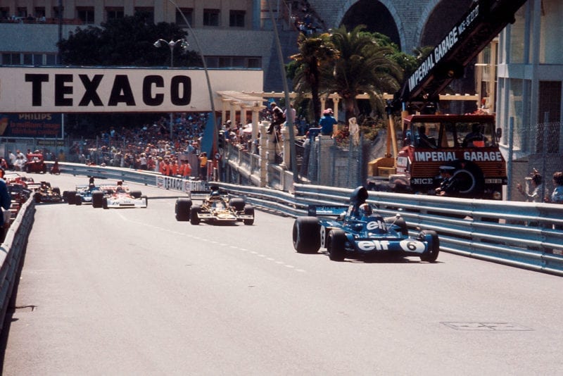 Jackie Stewart leads up Beau Rivage at the start of the 1973 Monaco Grand Prix.