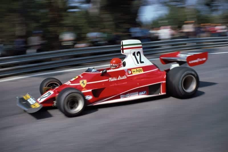 Niki Lauda driving for Ferrari at the 1975 Spanish Grand Prix, Montjuïc.