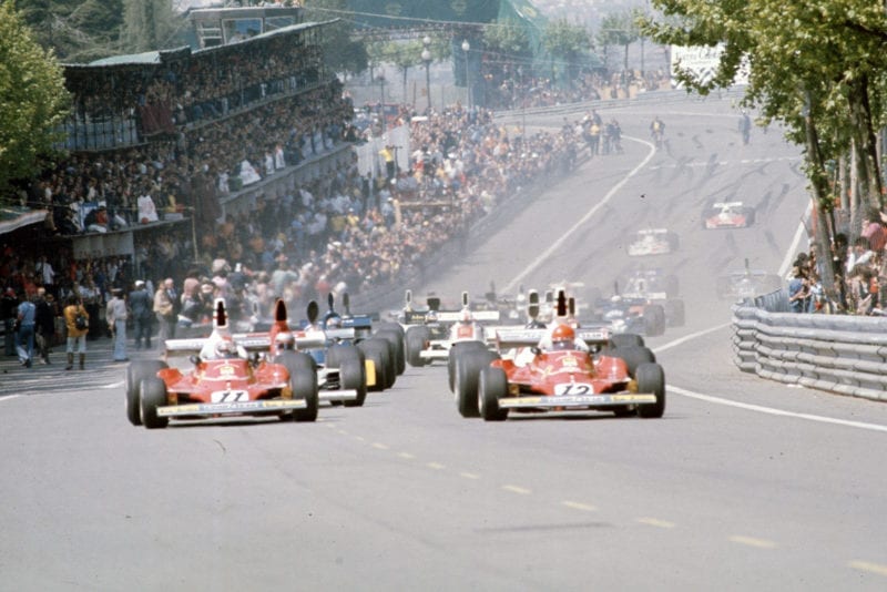 Niki Lauda leads at the start of the 1975 Spanish Grand Prix, Montjuïc.