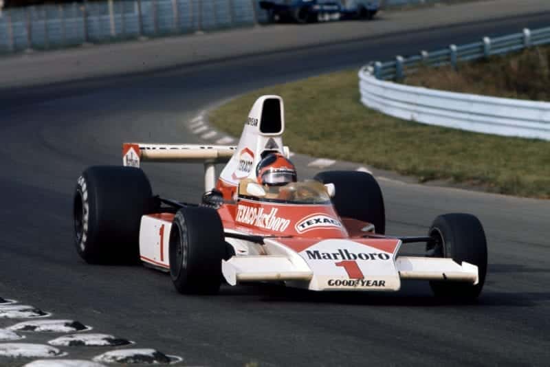 Emerson Fittipaldi (McLaren) at the 1975 United States Grand Prix, Watkins Glen.