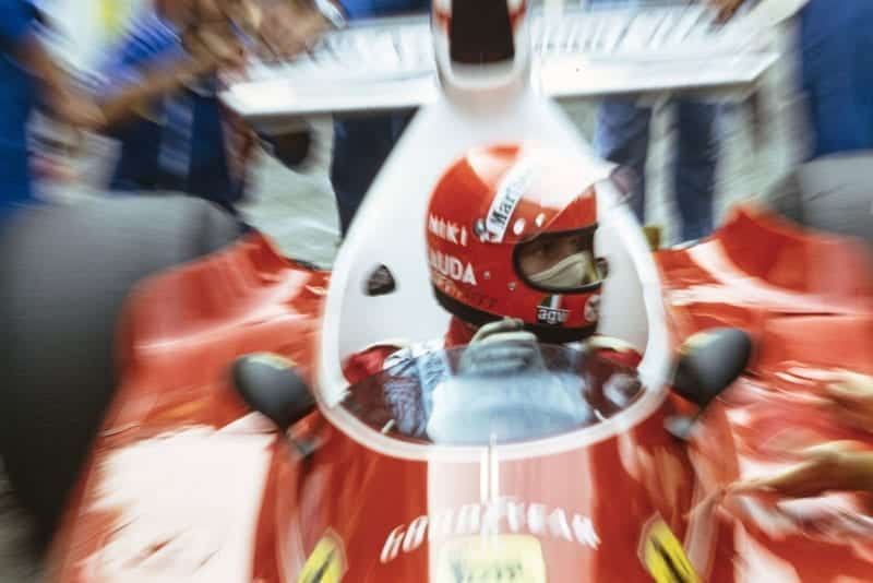 Niki Lauda sits in his Ferrari at the 1975 United States Grand Prix.