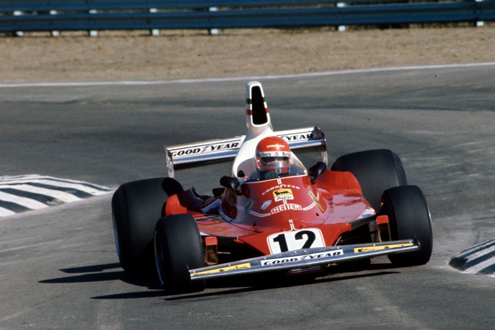 Niki Lauda (Ferrari) driving at the 1975 United States Grand Prix, Watkins Glen.