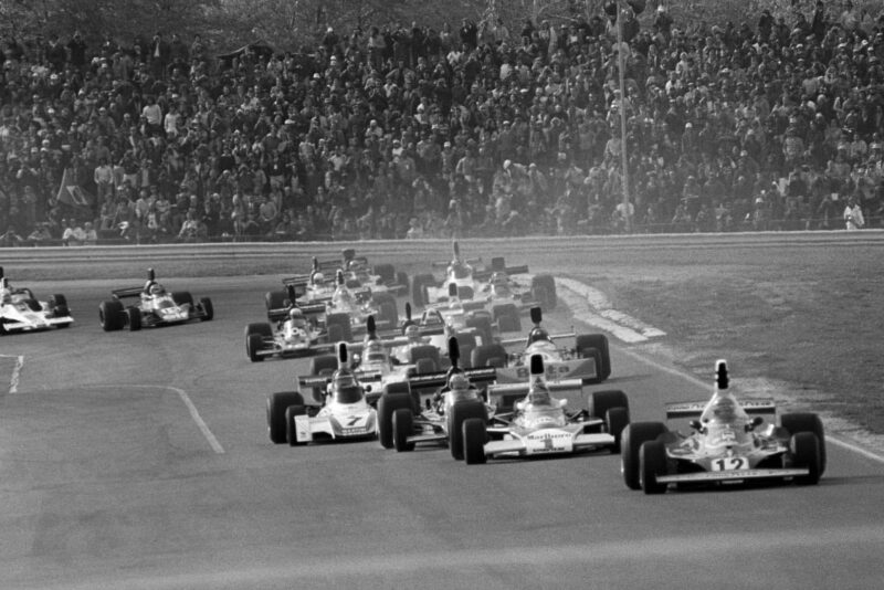 Niki Lauda leads at the start of the 1975 United States Grand Prix, Watkins Glen.