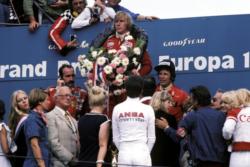 James Hunt (McLaren) stands on the podium at the 1976 Dutch Grand Prix, Zandvoort.