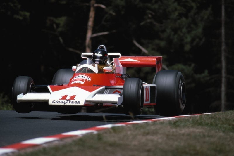 James Hunt (McLaren) takes flight at the Flugplatz during the 1976 German Grand Prix, Nürburgring.