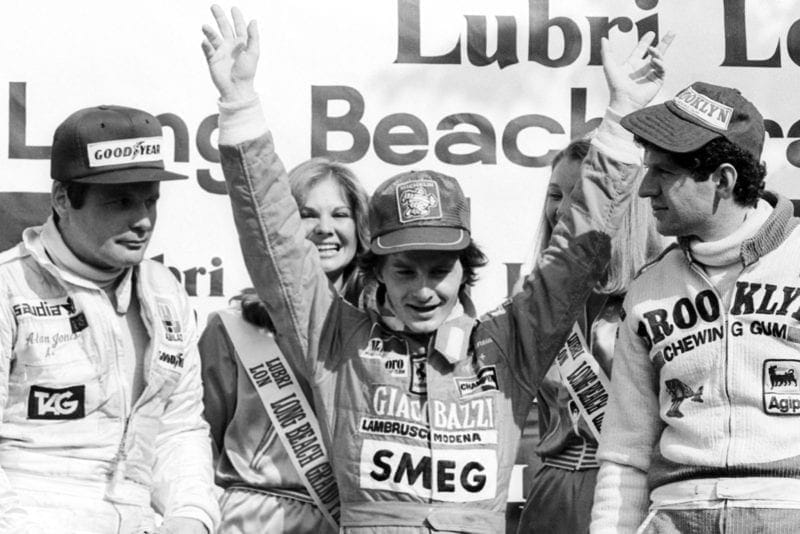 Gilles Villeneuve (Ferrari) celebrates winning the 2979 United States Grand Prix West, Long Beach.