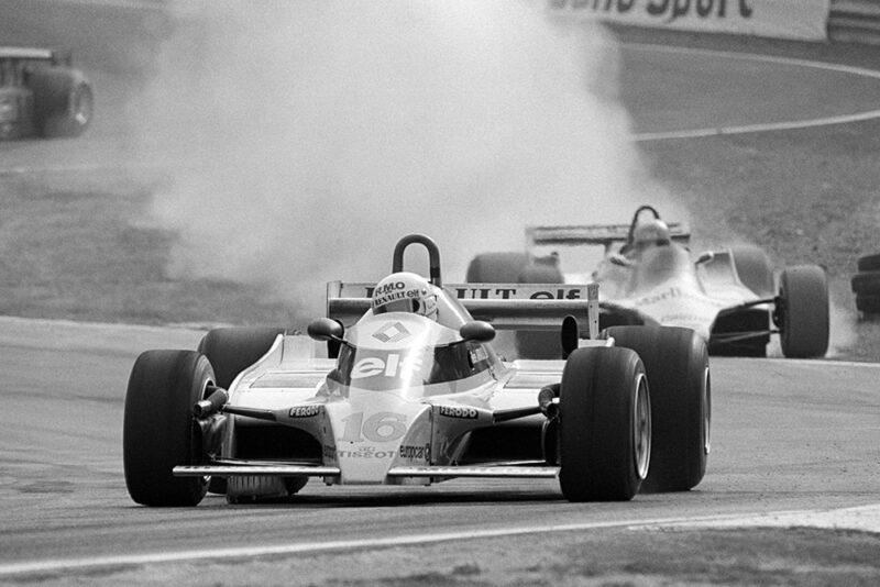 Pole sitter Rene Arnoux in a RE20 leads a wide running John Watson in his McLaren M29C.