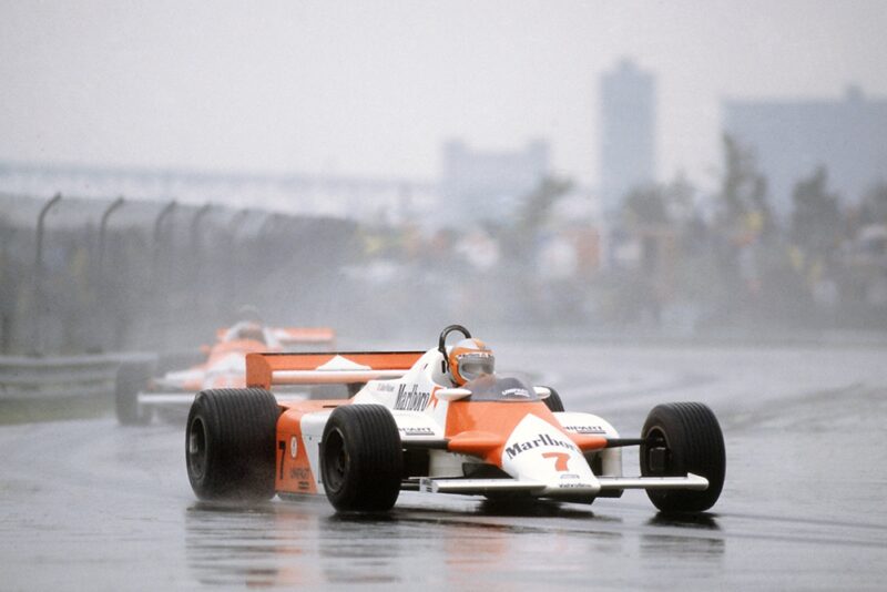 John Watson in a McLaren MP4/1-Ford Cosworthleads Mario Andretti in his Alfa Romeo 179.