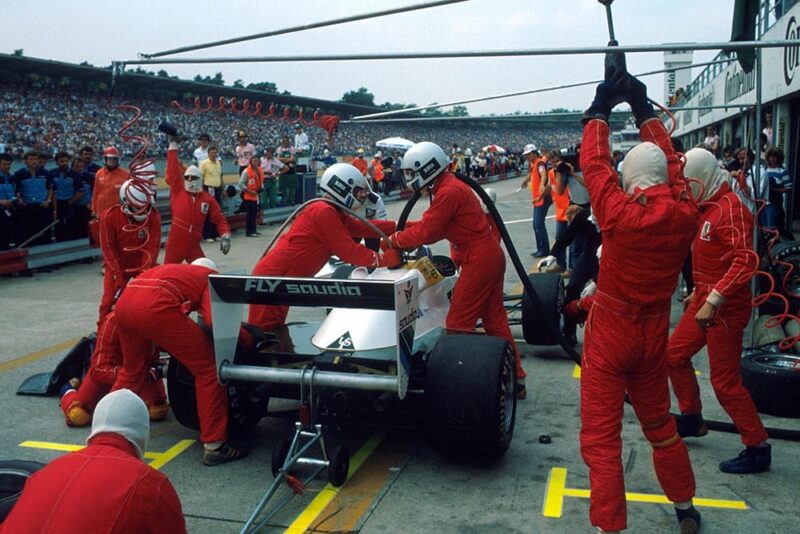 Keke Rosberg, Williams FW08C, pits on his way to 10th place.