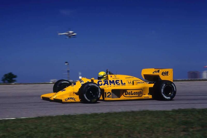 Ayrton Senna in a Lotus 99t retired with engine failure.