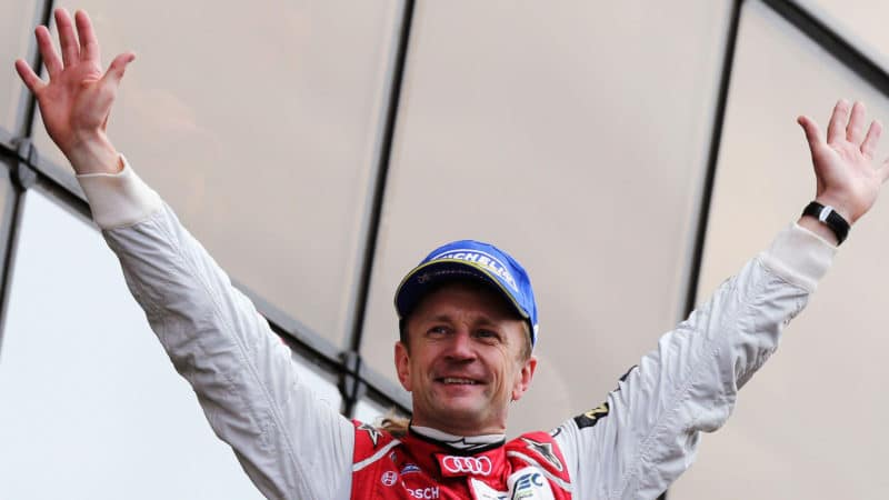 Allan McNish celebrates winning Le Mans for Audi in 2013