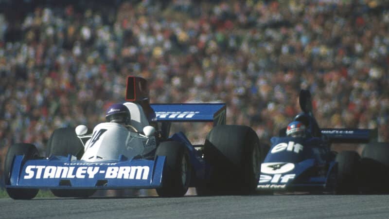 Bob Evans (BRM) in front of Patrick Depailler (Tyrrell-Ford) in the 1975 Austrian Grand Prix at the Osterreichring.