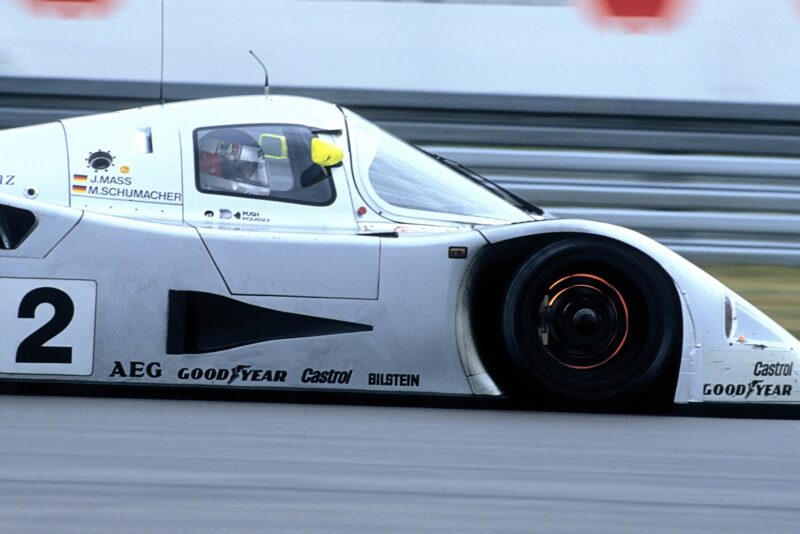 Brakes glow as Michael Schumacher slows down in a Sauber Mercedes C9 in 1989