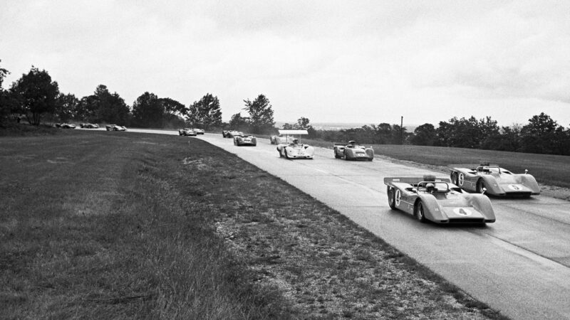 ELKHART LAKE, WI - SEPTEMBER 1: Bruce McLaren and Denny Hulme (#4 & #5) lead a practice session in the rain at the Road America CanAm on September 1, 1968 in Elkhart Lake, Wisconsin. (Photo by Alvis Upitis/Getty Images)