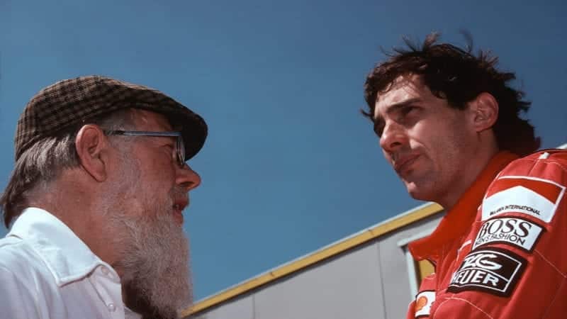 Denis Jenkinson with Ayrton Senna at Silverstone in 1990