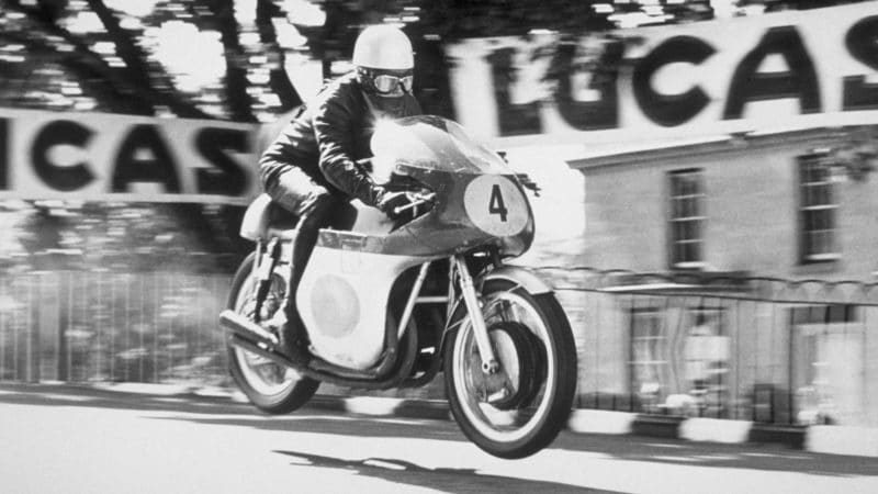 circa 1945: Gary Hocking MBE on the Augusta Ballaugh Bridge, during the Senior Isle of Man TT Race. (Photo by Topical Press Agency/Getty Images)