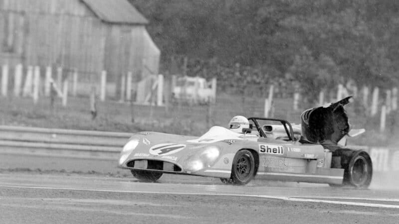 Howden Ganley drives damaged Matra to the pits in 1972 Le Mans 24 Hours