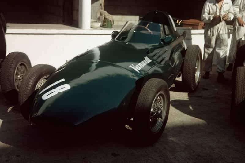 Stuart Lewis-Evans's Vanwall sits in the pits before the race