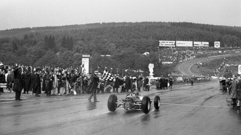 Lotus of Jim Clark takes the chequered flag to win the 1963 F1 Belgian Grand Prix