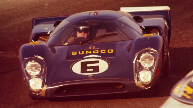 Mark Donohue and Chuck Parsons of Penske Racing drive the Chevrolet powered Sunoco-Lola T70 Mk.3B GT 1969 Daytona 24 Hours