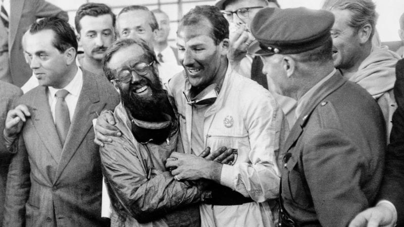 Stirling Moss with Denis Jenkinson at the finish of the 1955 Mille Miglia