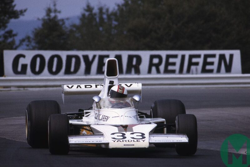 Mike Hailwood in his McLaren at the 1974 German GP Nurburgring