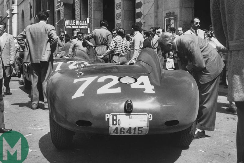 Sergio Sighinolfi's Ferrari awaits scrutineering at 1955 Mille Miglia