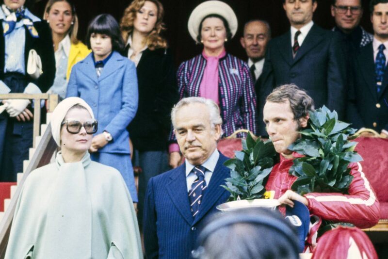Niki Lauda stands on the podium after winning the 1975 Monaco Grand Prix.