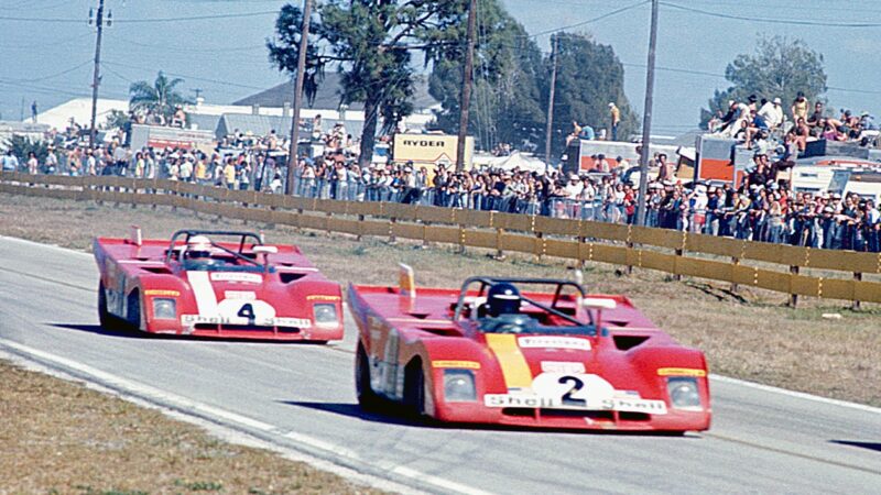 Jacky Ickx leads Clay Regazzoni in Ferrari 312PBs at 1972 Sebring 12 Hours