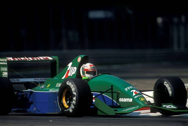 The Jordan-Ford of Bertrand Gachot in the pit garage before testing at Paul Ricard in early 1991. Photo: Grand Prix Photo