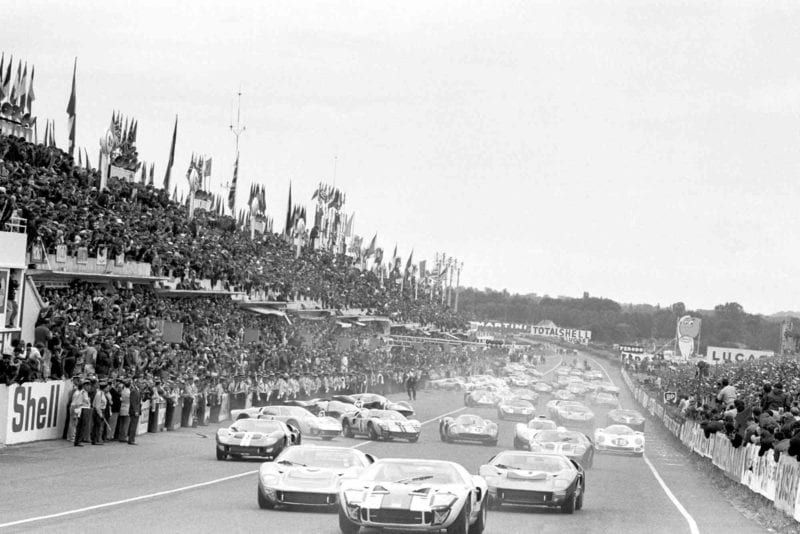 Cars pull away at the start of 1966 Le Mans