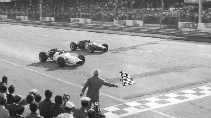 John Surtees beats Jack Brabham to the finish line in the 1967 Italian Grand Prix