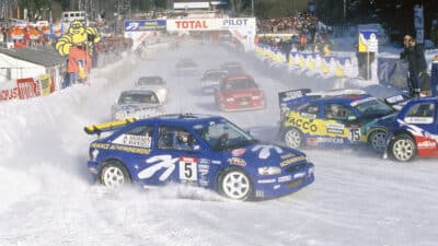 Nigel Mansell and Ari Vatanen Ford escort in Chamonix ice race
