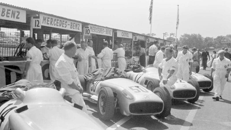 Mercedes cars in the pits ahead of the 1955 British Grand Prix at Aintree