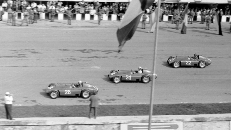 Trio of Ferrari-Lancias in the early stages of 1956 Italian Grand Prix