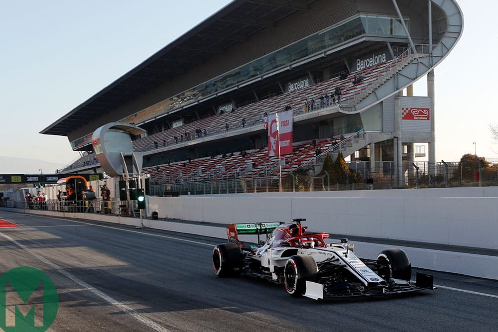 Kimi Räikkönen takes the new Alfa Romeo C38 out on track in 2019's Barcelona's testing