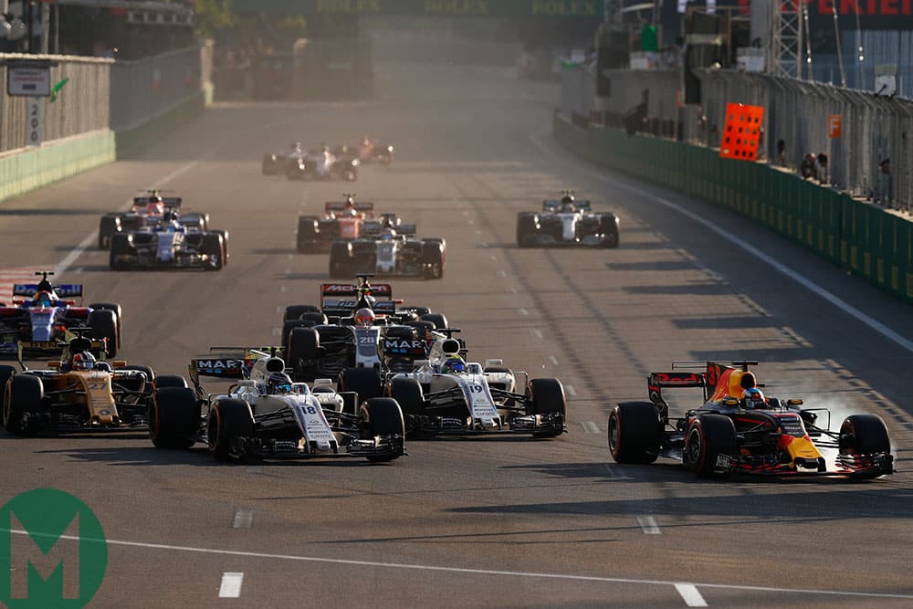 Daniel Ricciardo Red Bull passes three cars at once in the 2017 Azerbaijan GP