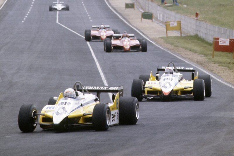 Rene Arnoux leads Alain Prost (both Renault RE30B), Gilles Villeneuve and Didier Pironi (both Ferrari 126C2).