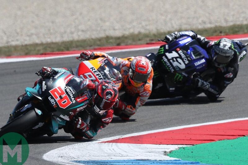 Fabio Quartararo leading Márc Marquez and Maverick Viñales at Assen